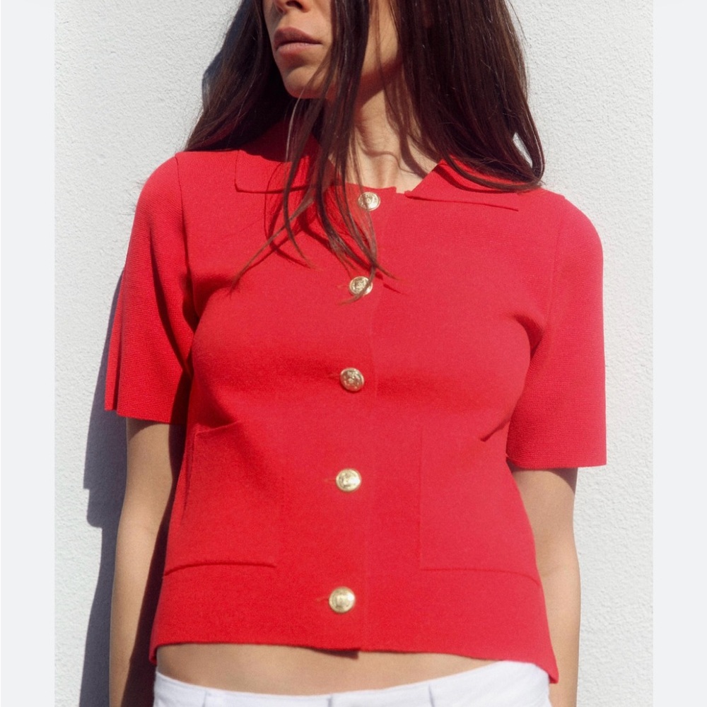 Zara Short Sleeve Knit Jacket Red Gold Button Down with Collar